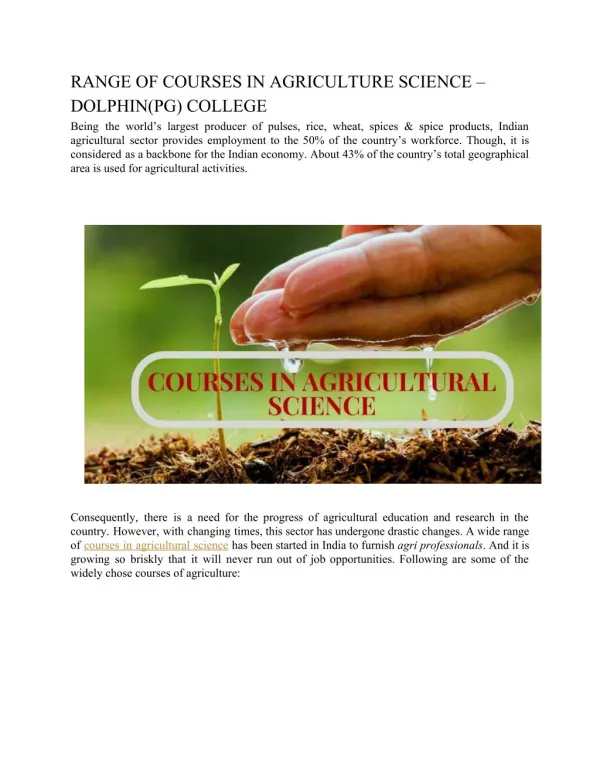 RANGE OF COURSES IN AGRICULTURE SCIENCE – DOLPHIN(PG) COLLEGE