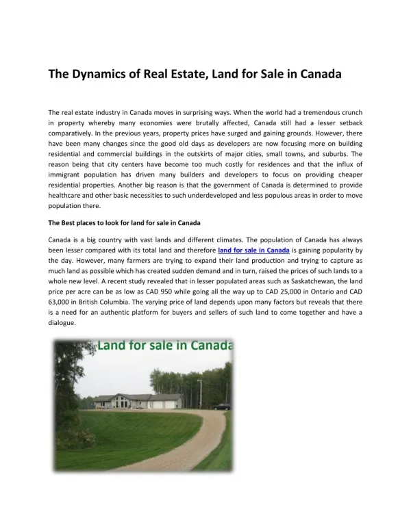 The Dynamics of Real Estate, Land for Sale in Canada