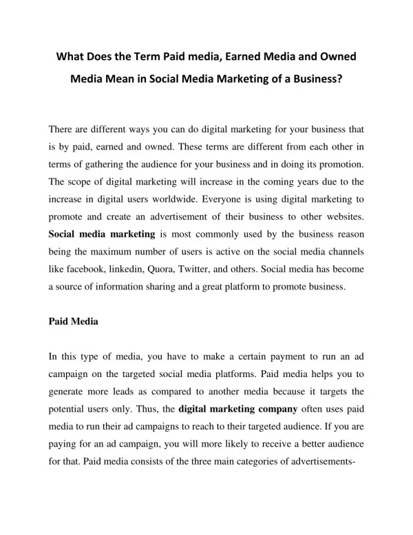 What Does the Term Paid media, Earned Media and Owned Media Mean in Social Media Marketing of a Business?