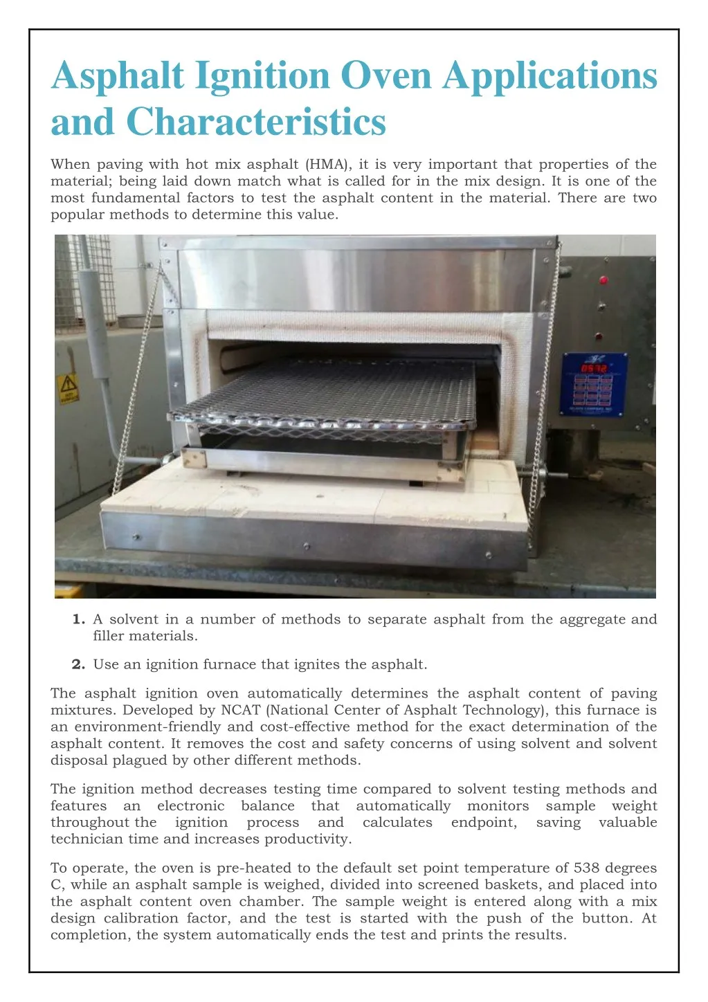 asphalt ignition oven applications