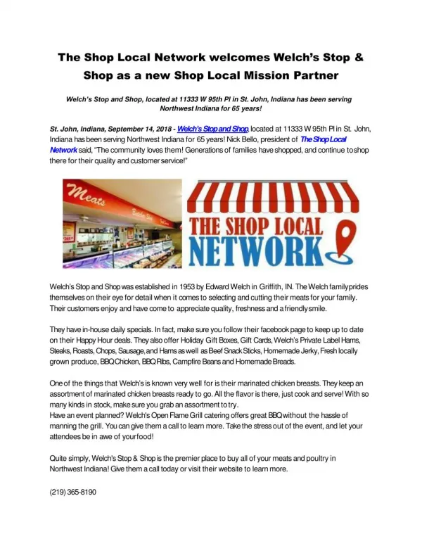 The Shop Local Network welcomes Welch’s Stop & Shop as a new Shop Local Mission Partner