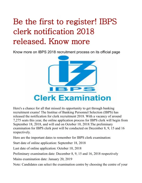 Be the first to register! IBPS clerk notification 2018 released. Know more