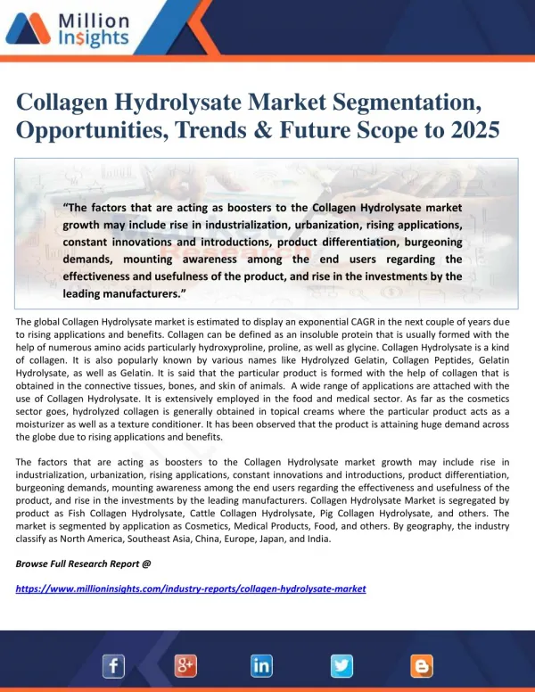 Collagen Hydrolysate Market Segmentation, Opportunities, Trends & Future Scope to 2025