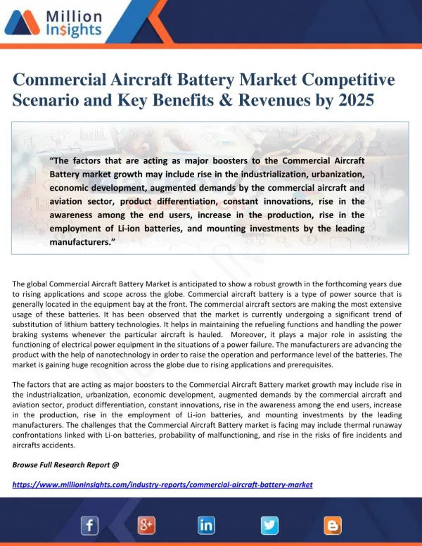 Commercial Aircraft Battery Market Competitive Scenario and Key Benefits & Revenues by 2025