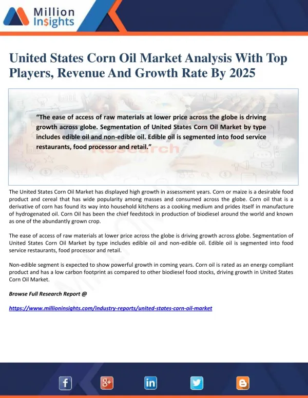 United States Corn Oil Market Analysis With Top Players, Revenue And Growth Rate By 2025