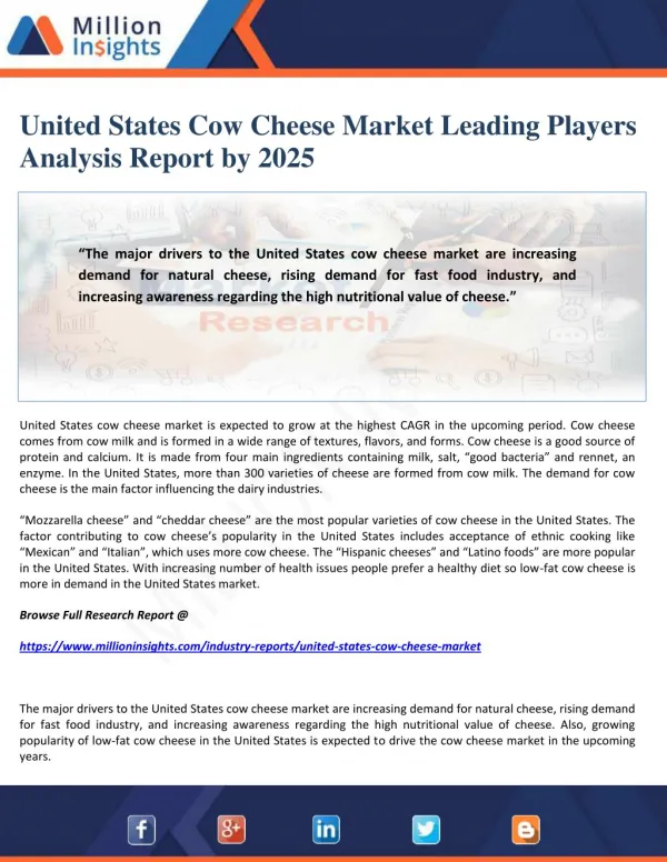 United States Cow Cheese Market Leading Players Analysis Report by 2025