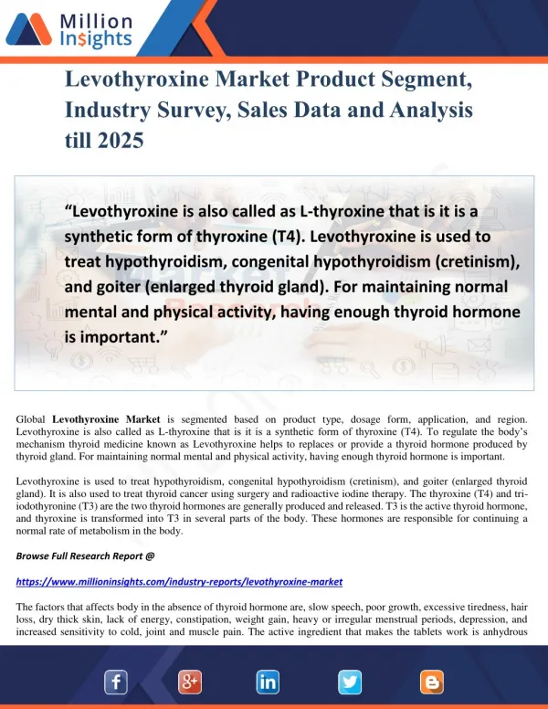 Levothyroxine Market Product Segment, Industry Survey, Sales Data and Analysis till 2025