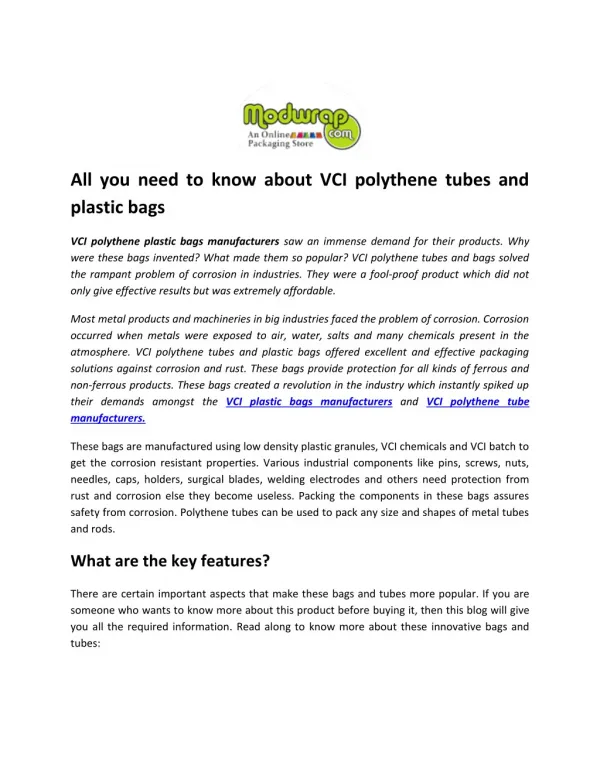 All you need to know about VCI polythene tubes and plastic bags