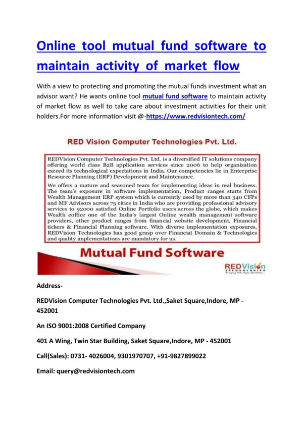 Online tool mutual fund software to maintain activity of market flow