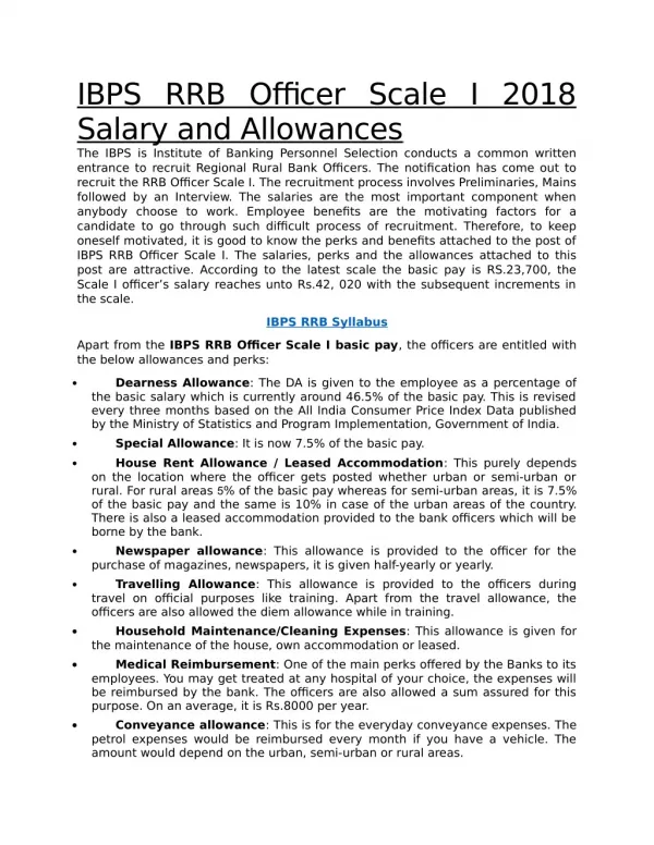 IBPS RRB officer scale 1 2018 salary and allowances