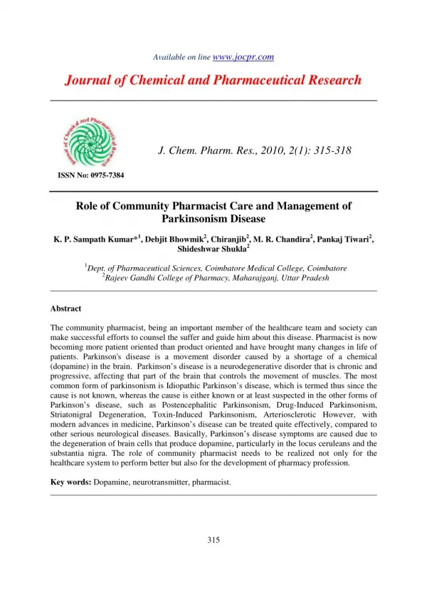 Role of Community Pharmacist Care and Management of Parkinsonism Disease