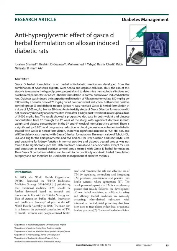 Anti-hyperglycemic effect of gasca d herbal formulation on alloxan induced diabetic rats