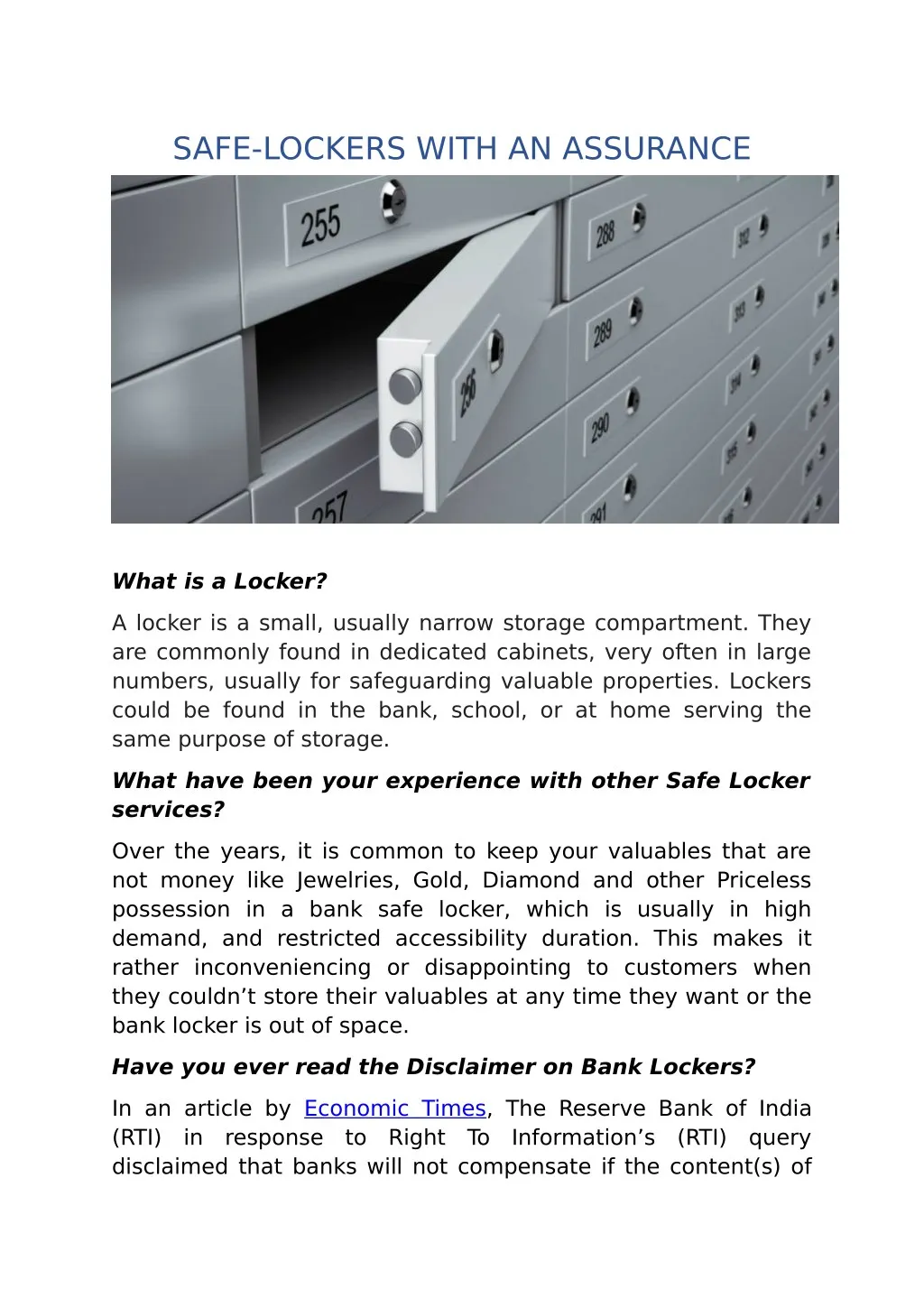 safe lockers with an assurance