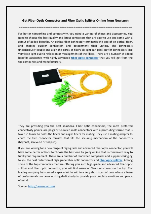 Get Fiber Optic Connector and Fiber Optic Splitter Online from Newsunn