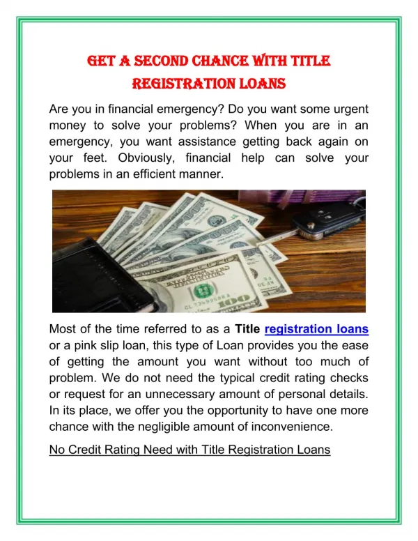 Get A Second Chance with Title Registration Loans