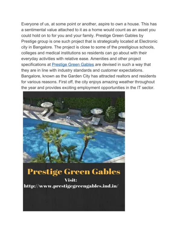 Luxurious Apartments for sale in Electronic City - Prestige Green Gables Apartment