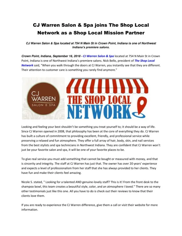 CJ Warren Salon & Spa joins The Shop Local Network as a Shop Local Mission Partner