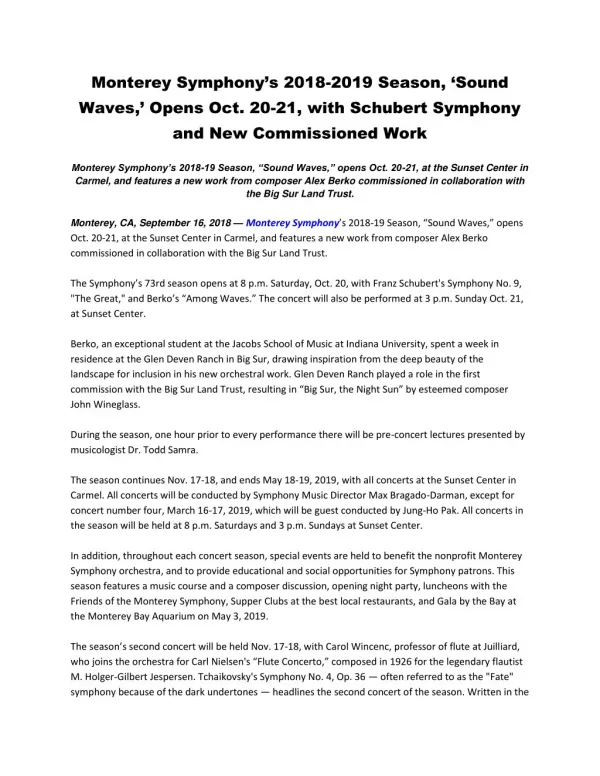 Monterey Symphony’s 2018-2019 Season, ‘Sound Waves,’ Opens Oct. 20-21, with Schubert Symphony