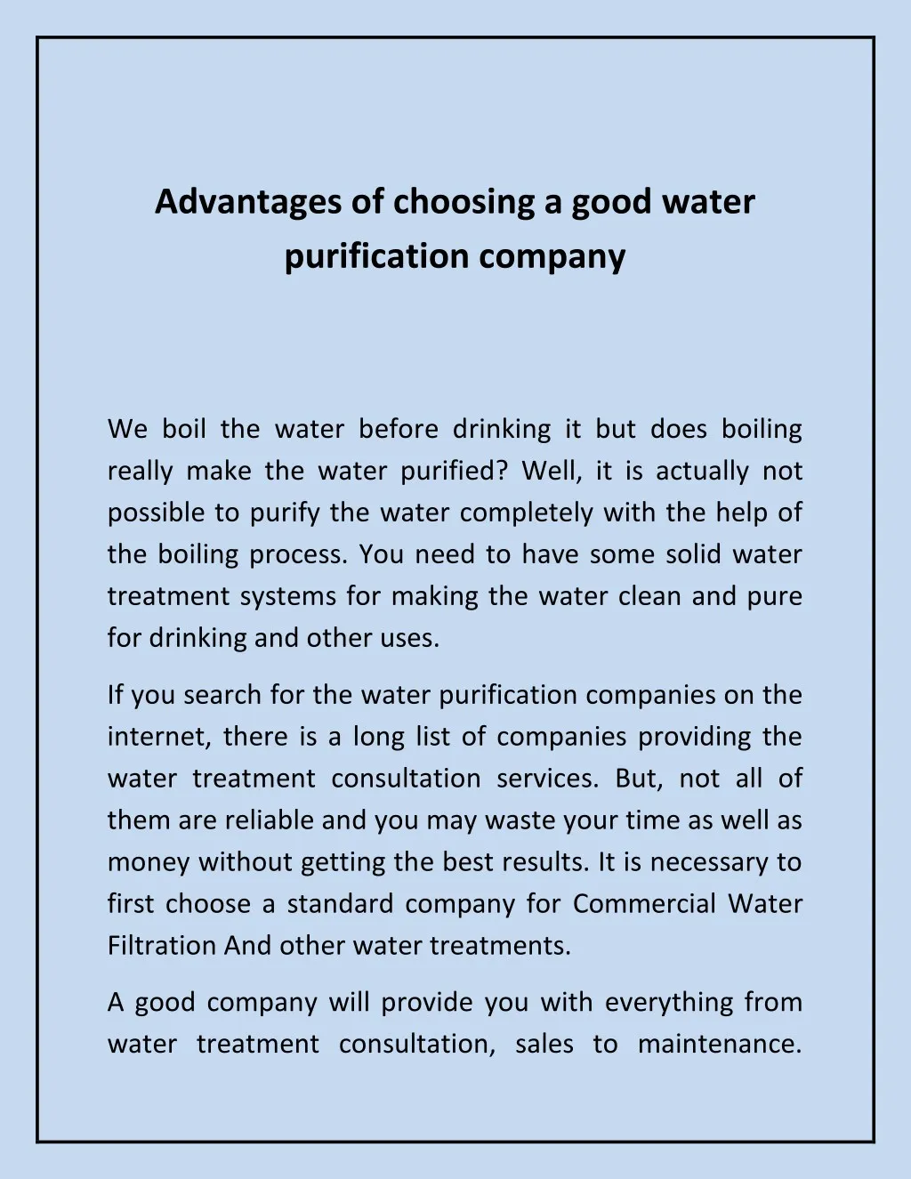 advantages of choosing a good water purification