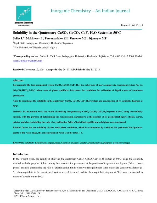 Solubility in the Quaternary CaSO4˗CaCO3˗CaF2˗H2O System at 50ºC