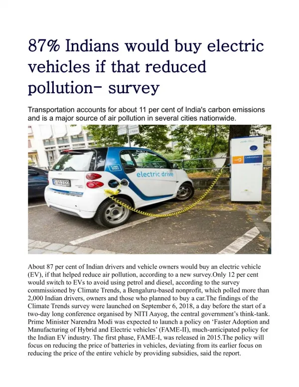 87% Indians would buy electric vehicles if that reduced pollution: survey