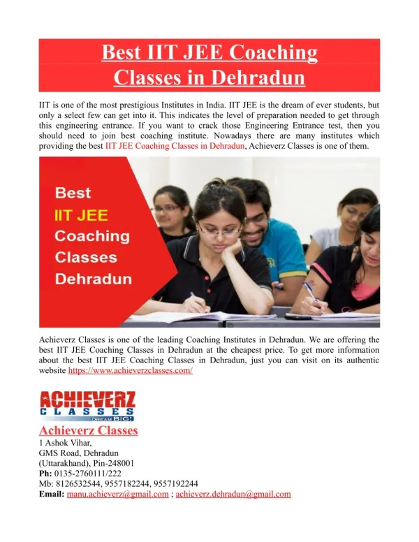 Best IIT JEE Coaching Classes in Dehradun