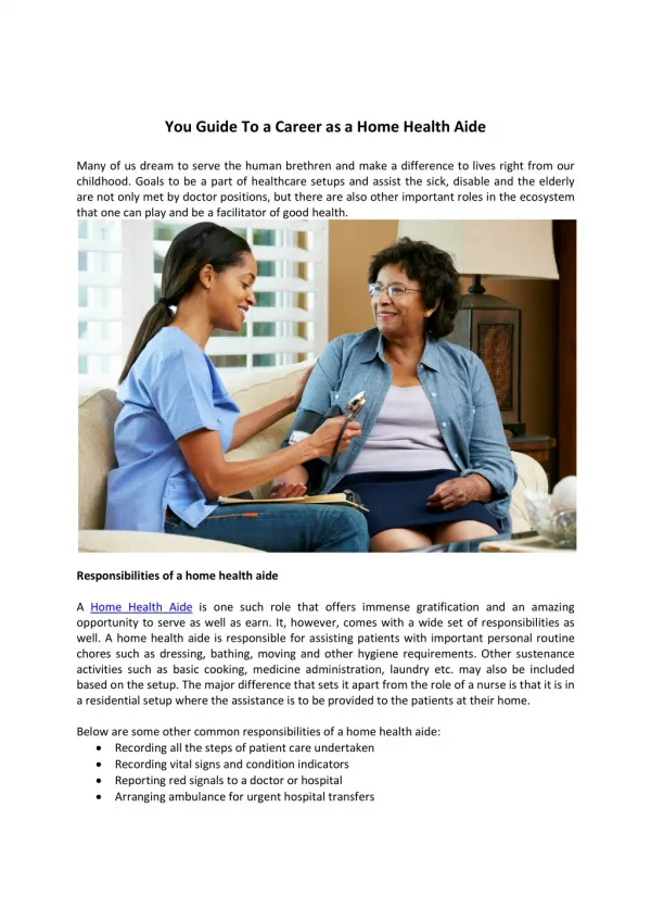 You Guide To a Career as a Home Health Aide