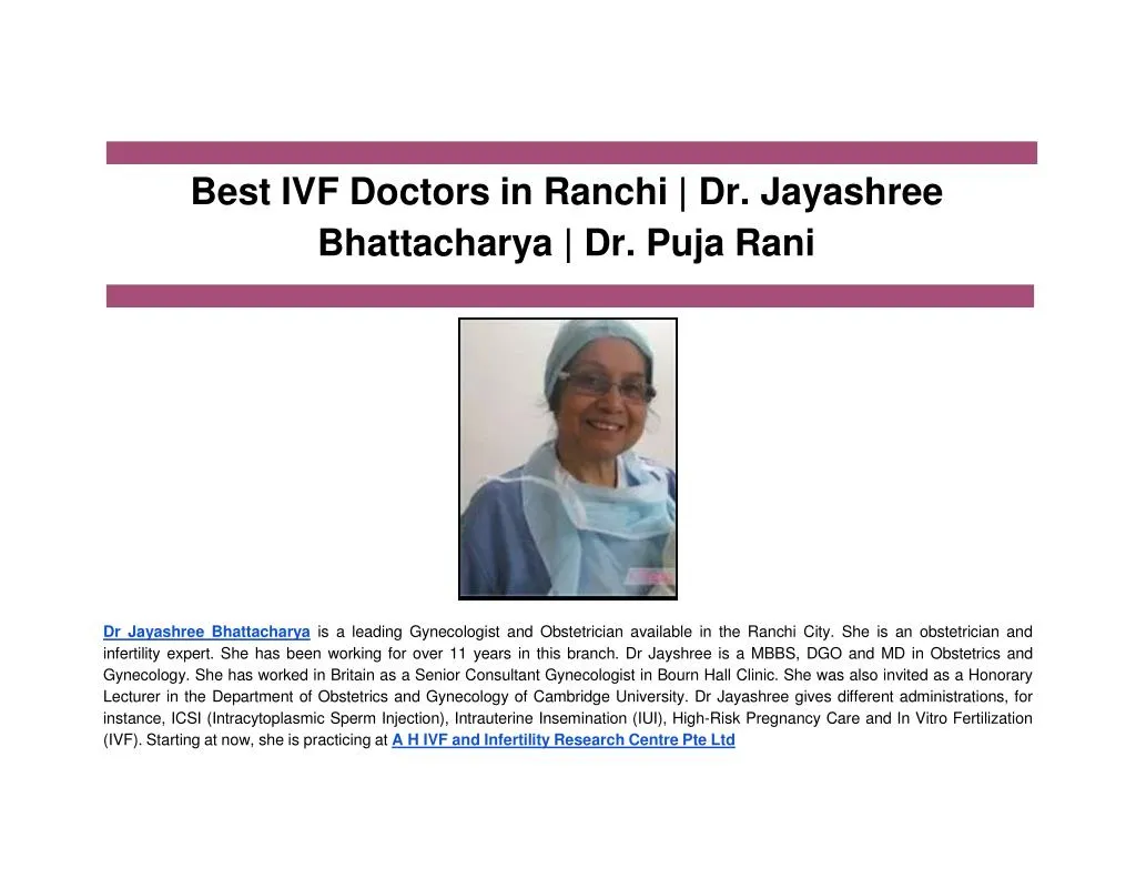 best ivf doctors in ranchi dr jayashree bhattacharya dr puja rani