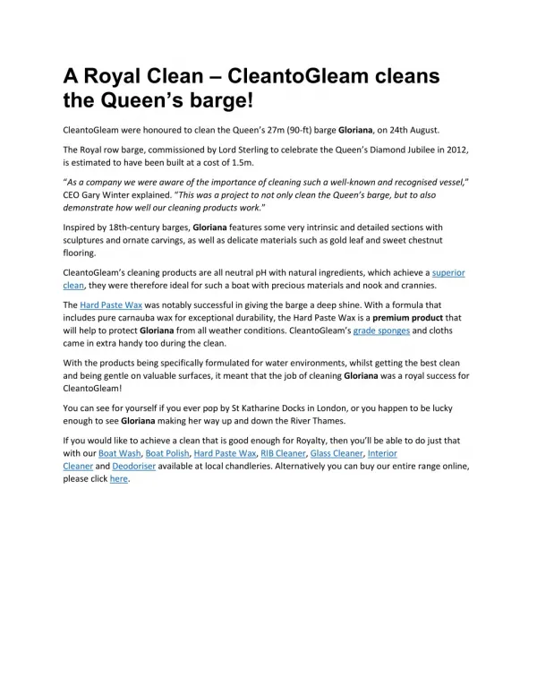 A Royal Clean â€“ CleantoGleam cleans the Queenâ€™s barge!