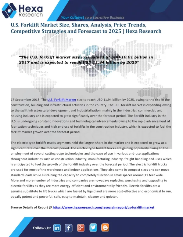 U.S. Forklift Market Research Report - Industry Analysis and Forecast to 2025