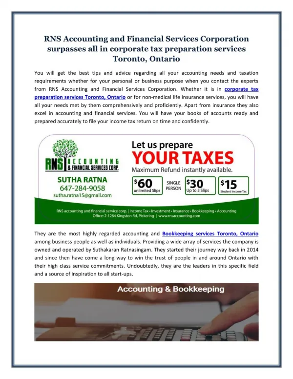 RNS Accounting and Financial Services Corporation surpasses all in corporate tax preparation services Toronto, Ontario