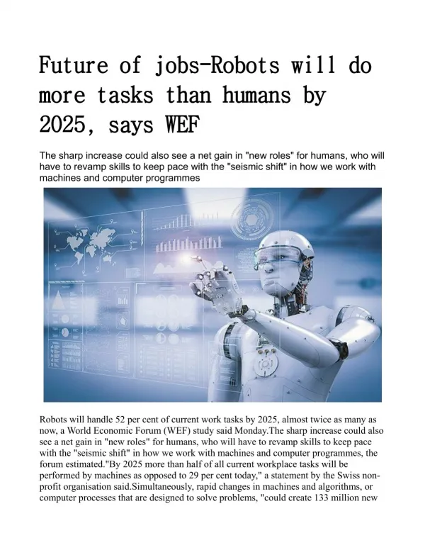 Future of jobs: Robots will do more tasks than humans by 2025, says WEF