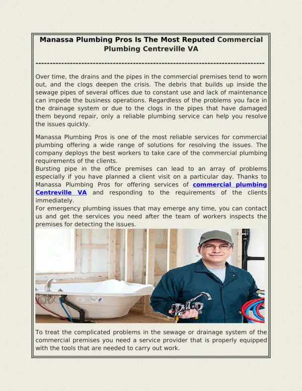 Manassa Plumbing Pros Is The Most Reputed Commercial Plumbing Centreville VA