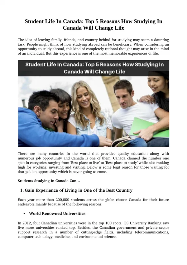 Student Life In Canada: Top 5 Reasons How Studying In Canada Will Change Life