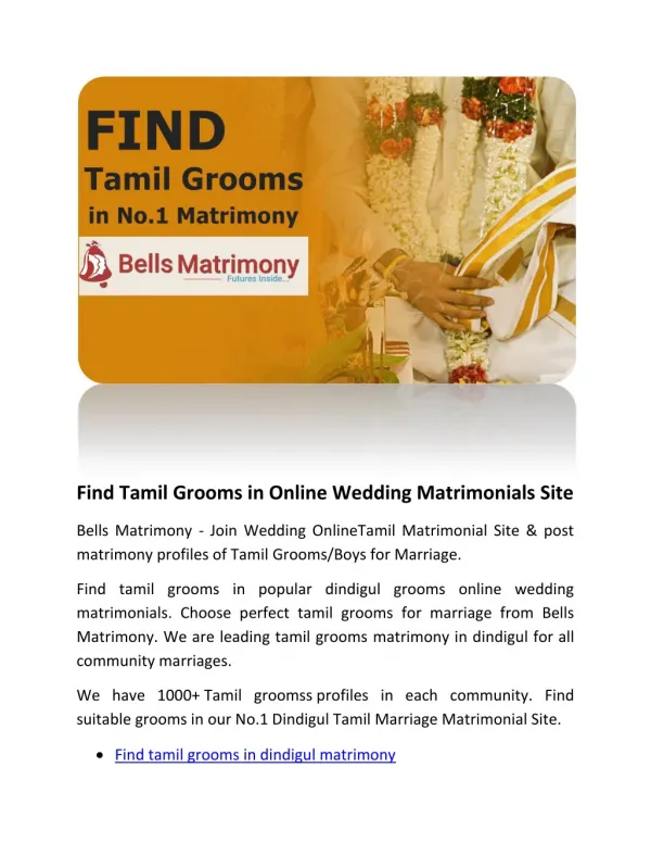 Find Tamil Grooms in Online Wedding Matrimonials Site