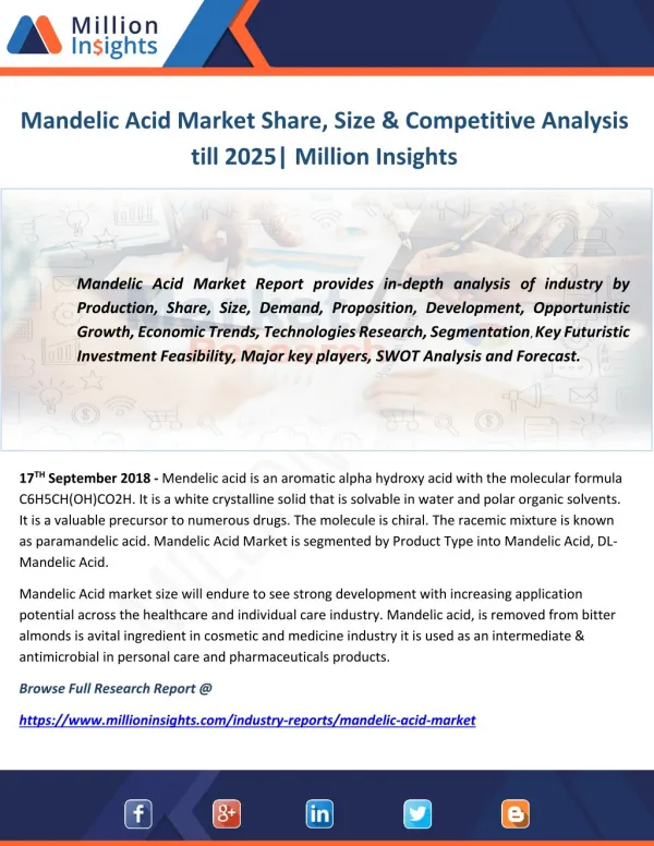 Mandelic Acid Market Share, Size & Competitive Analysis till 2025 Million Insights