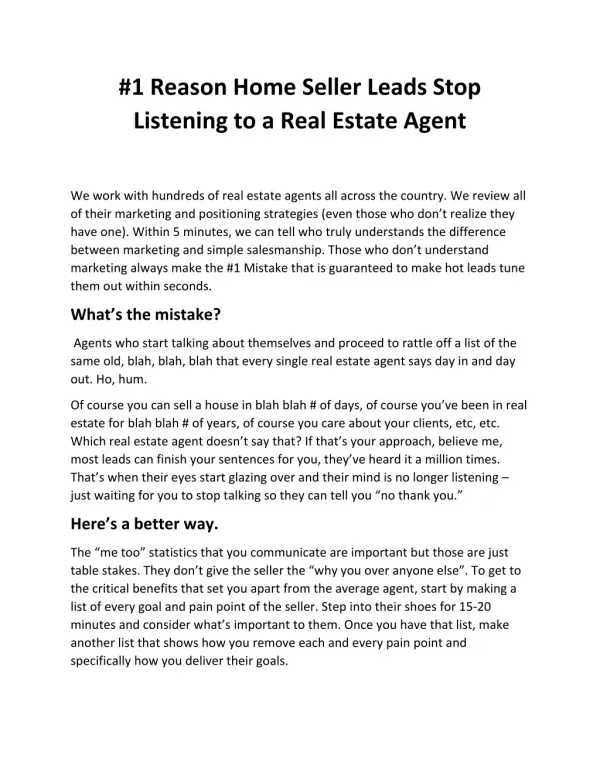 RealAgentPro - 1 Reason Home Seller Leads Stop Listening to a Real Estate Agent