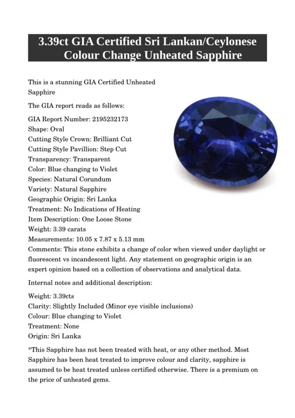 3.39ct GIA Certified Sri Lankan/Ceylonese Colour Change Unheated Sapphire