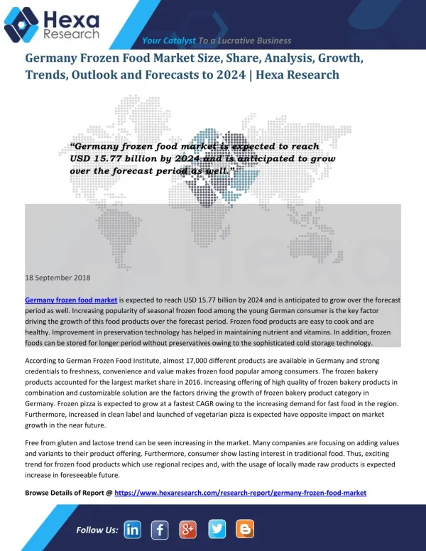 Germany Frozen Food Market is Projected to Grow USD 15.77 Billion by 2024 | Hexa Research