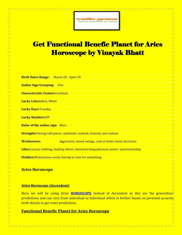 Get Functional Benefic Planet for Aries Horoscope by Vinayak Bhatt