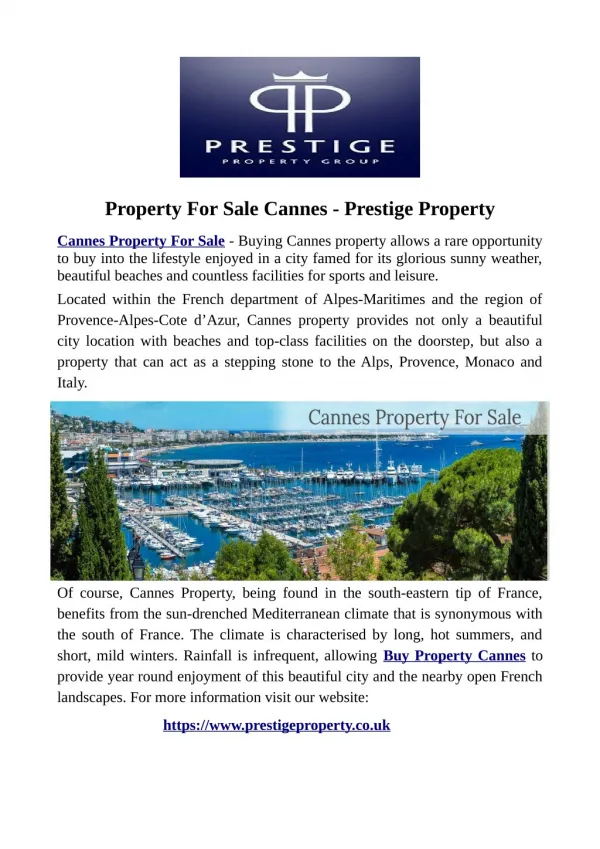 Property For Sale Cannes - Prestige Property