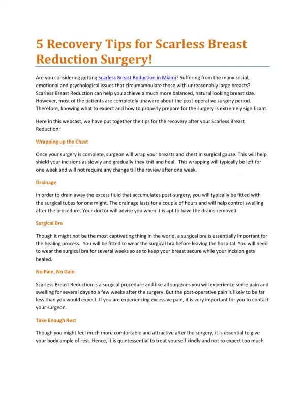 5 Recovery Tips for Scarless Breast Reduction Surgery