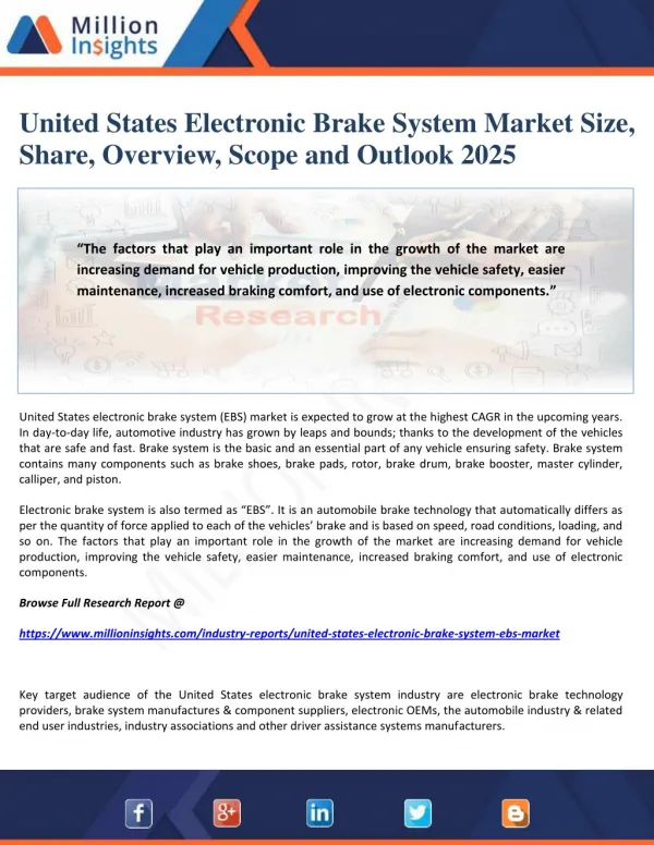 United States Electronic Brake System Market Size, Share, Overview, Scope and Outlook 2025