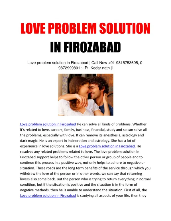Love problem solution in Firozabad | Call Now 91-9815753695, 0-9872999801 :- Pt. Kedar nath ji
