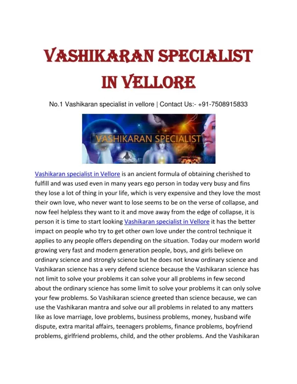 No.1 Vashikaran specialist in vellore | Contact Us:- 91-7508915833