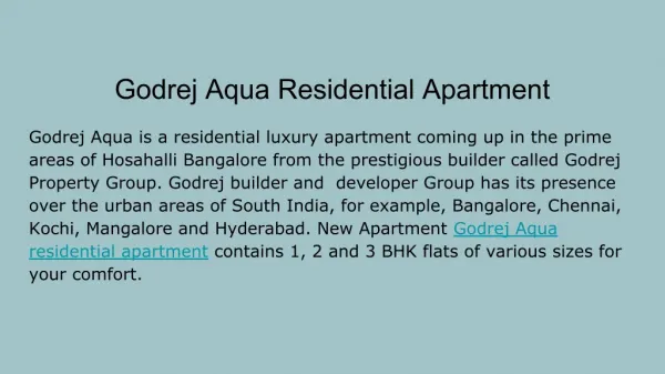 Godrej Aqua Hosahalli Bangalore - Price, Amenities And Location