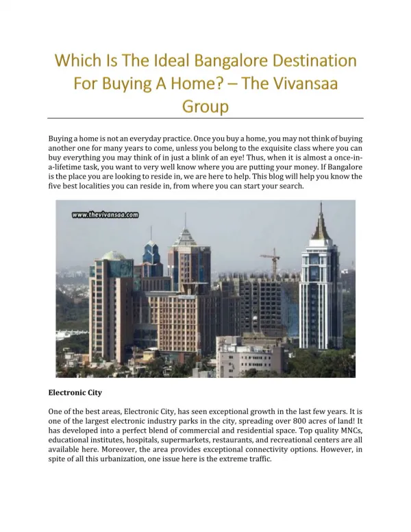 Which Is The Ideal Bangalore Destination For Buying A Home? - The Vivansaa