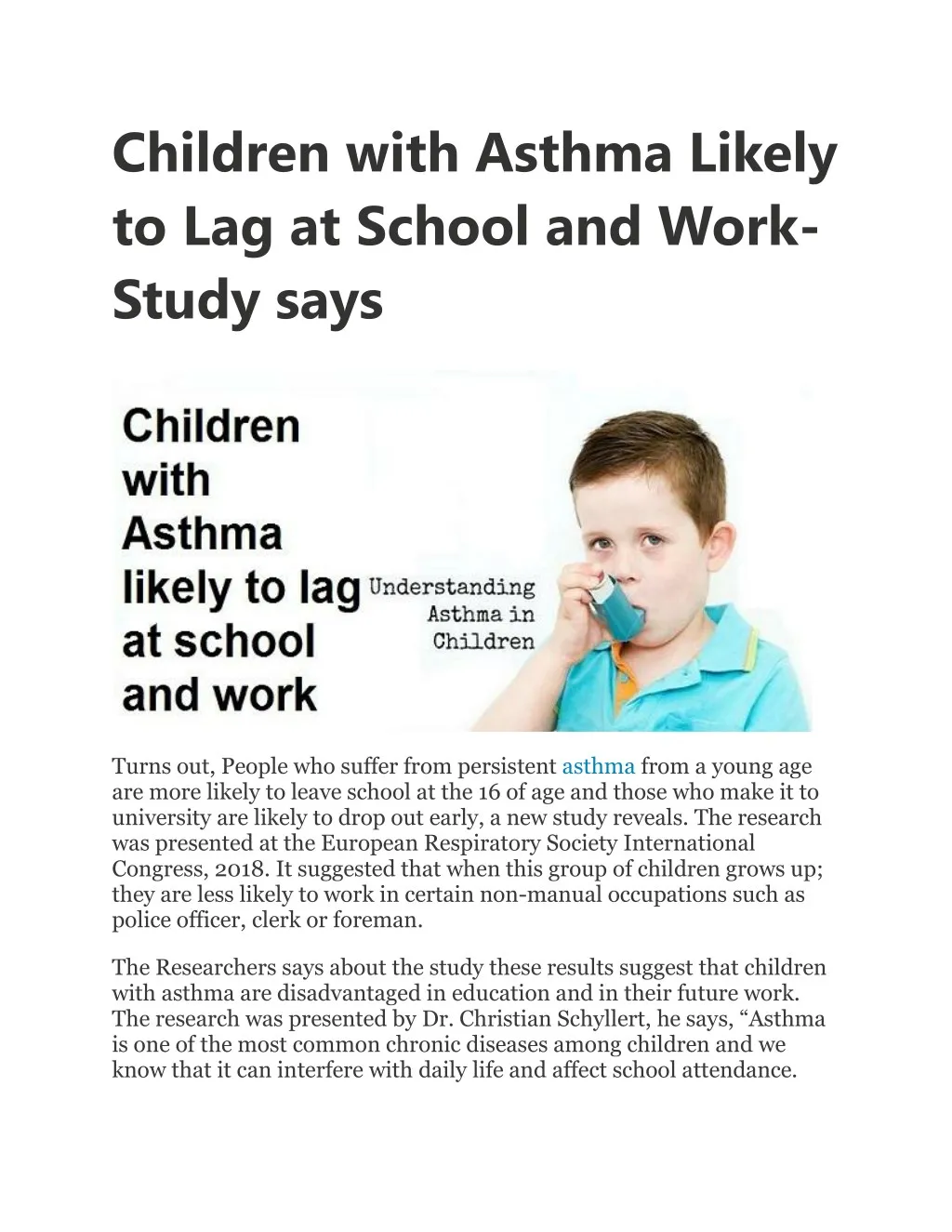 children with asthma likely to lag at school