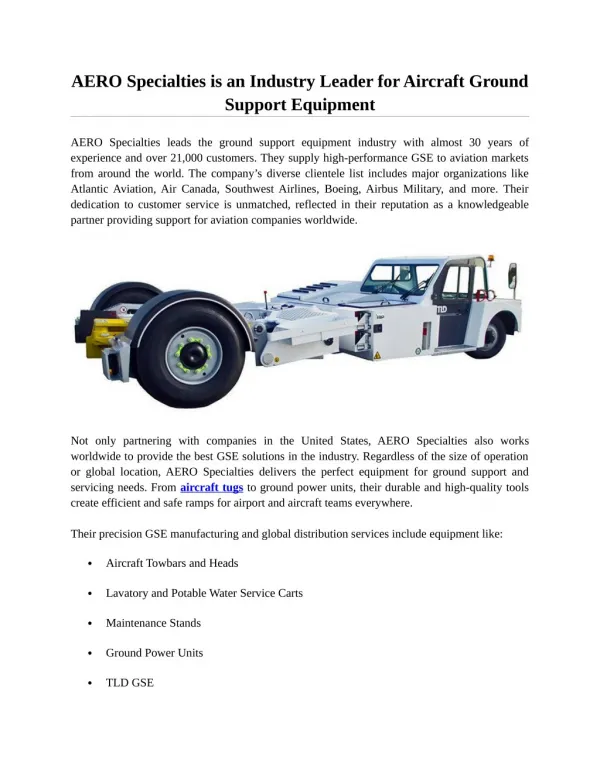 AERO Specialties is an Industry Leader for Aircraft Ground Support Equipment