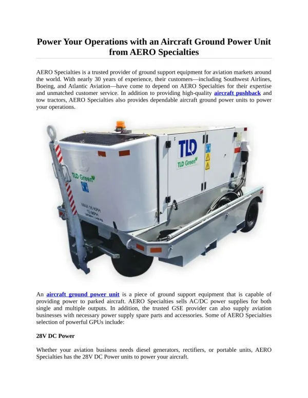 Power Your Operations with an Aircraft Ground Power Unit from AERO Specialties